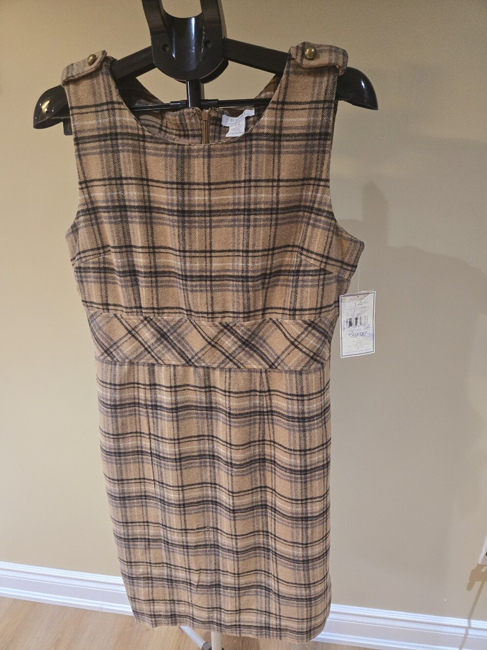 Alfred Sung Tan and Black Plaid Midi Sheath Dress